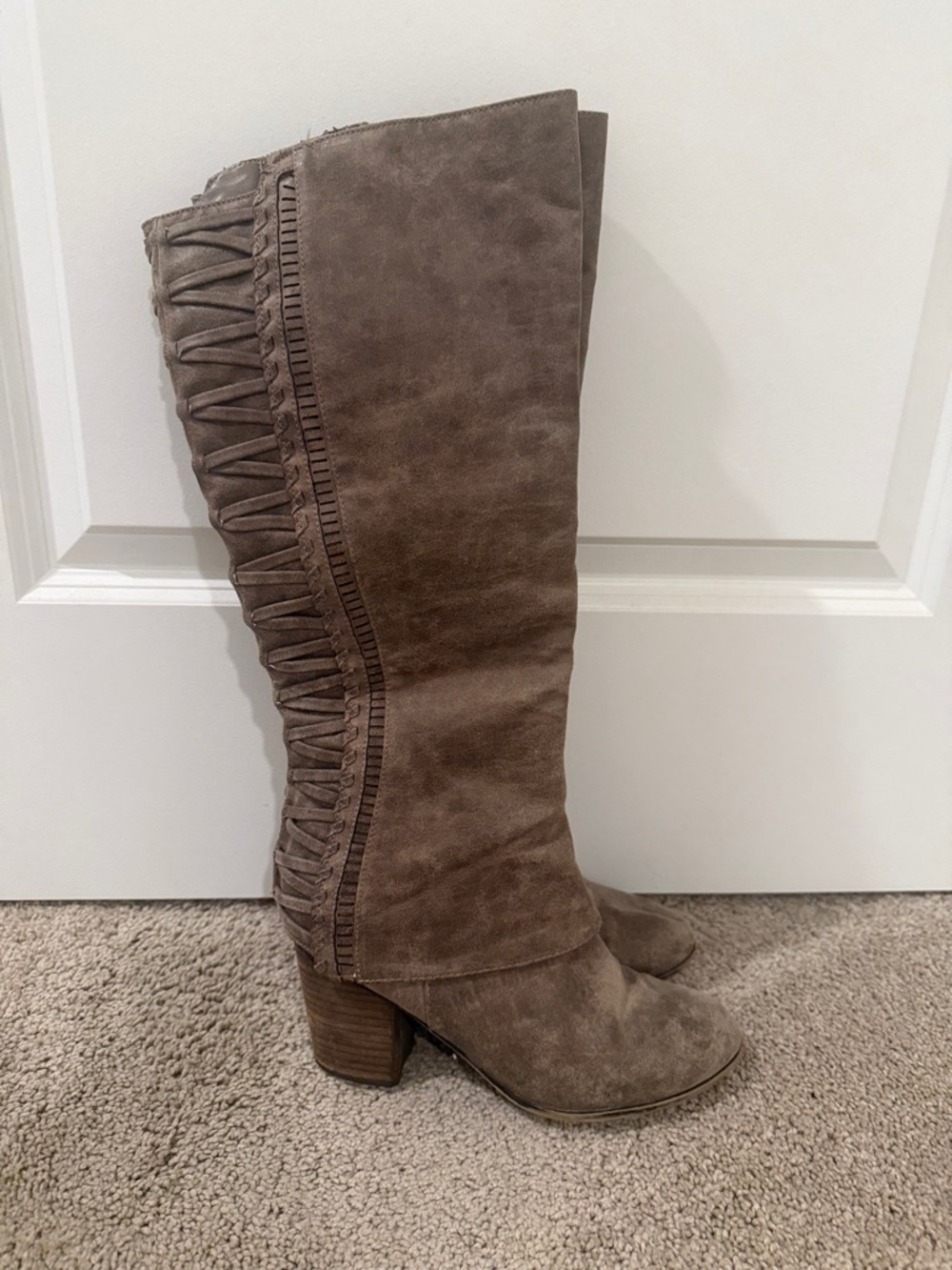 Suede-Look Knee-High Heeled Boot - Taupe